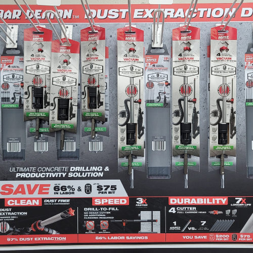 Display of Milwaukee Dust Extraction drilling accessories, showcasing a variety of products designed for clean and efficient concrete drilling with enhanced dust extraction and durability.