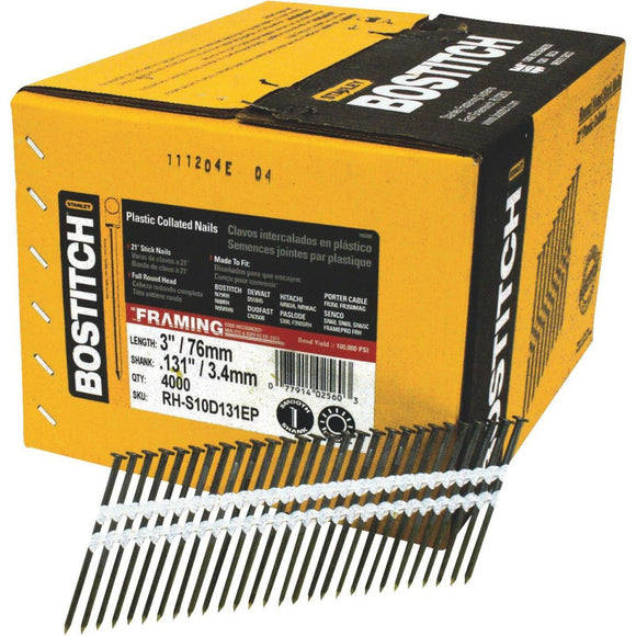 Bostitch 21 Degree Plastic Strip Coated Full Round Head Framing Stick Nails, 3 In. x .131 In. (4000 Ct.)