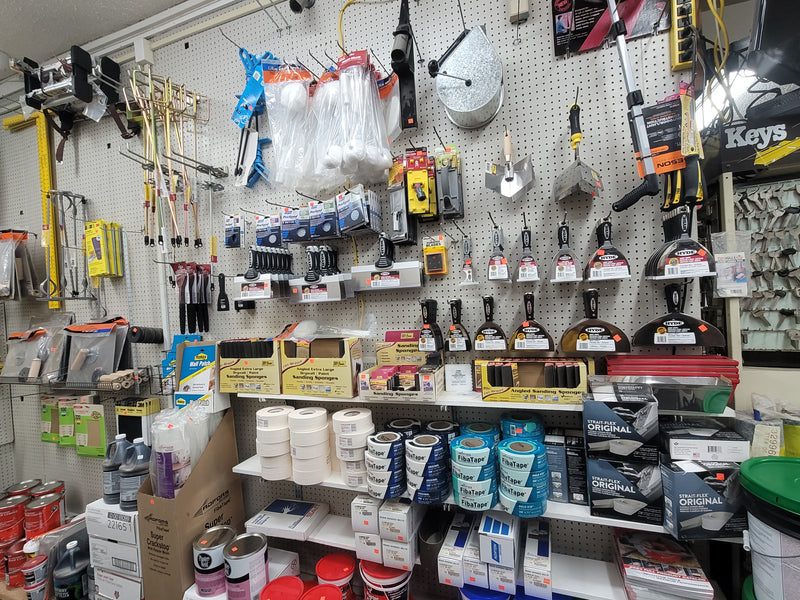 Our selection of joint knives, FibaTape, sanding sponges, wall patch kits, and sand paper.