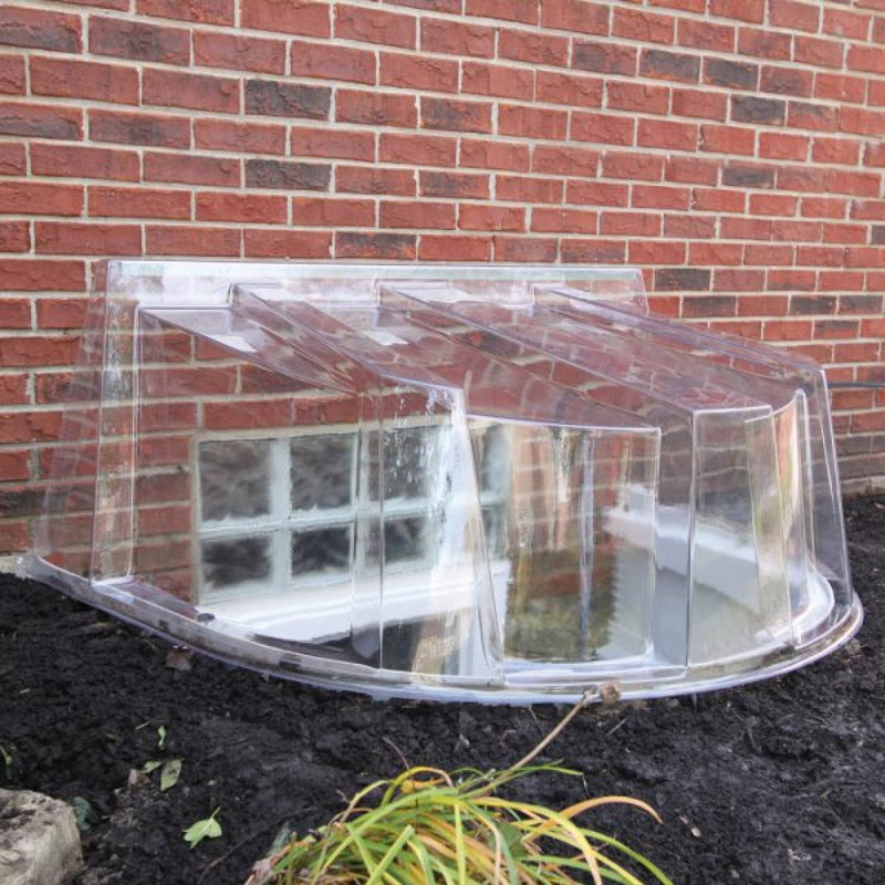 Clear plastic window well cover attached to a brick wall, protecting a glass block window from dirt and debris. Nearby, a small plant grows in soil.