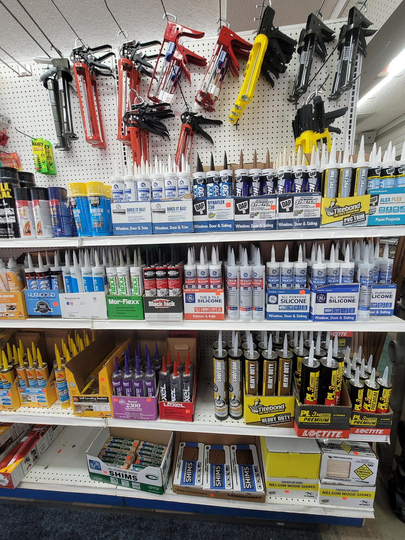 Our selection of wood shims, construction adhesive, multi-purpose silicones (tub & tile; all purpose; window, door & siding), caulk, and caulk guns. 