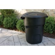 Rubbermaid Roughneck 32 Gal. Black Round Vented Trash Can with Lid